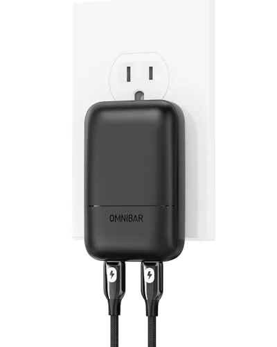 Cargador rápido Omnibar 67W dual puerto USB C GaN PD 3.0 ultra plano plegable negro — imagen 1