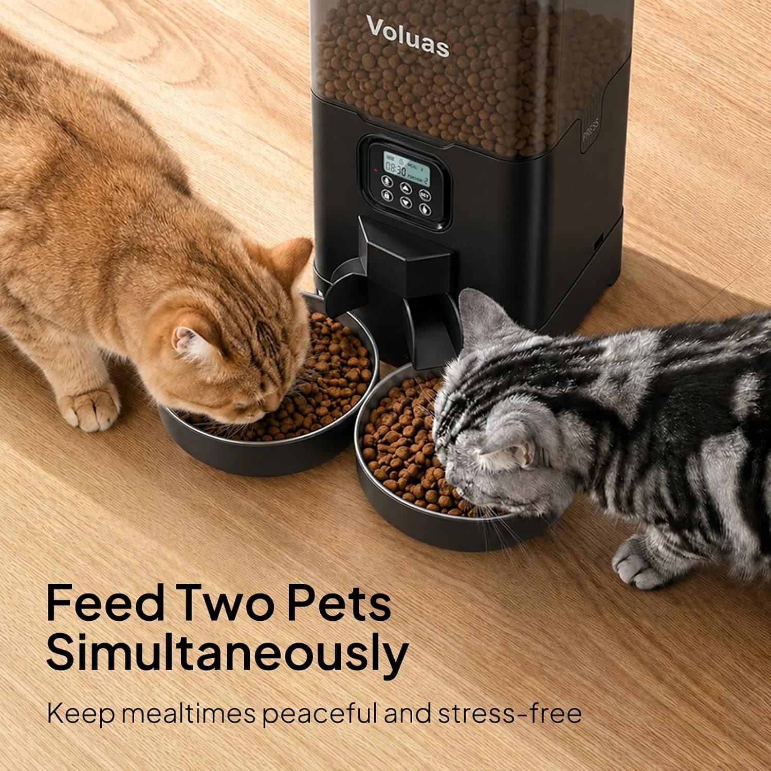 VOLUAS Comedero automático para gatos para dos gatos con cuencos dobles de — imagen 3